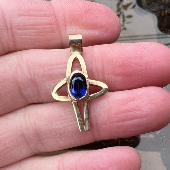 Blue Sapphire Cross Pendant Solid 14K Gold, September Birthday - no chain - Picture 9 of 9